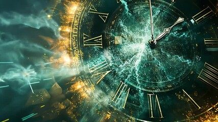 Poster - The clock face at the center is adorned with intricate details, while vibrant lights and swirling colors blend around it, symbolizing the flow of time and moments passing swiftly.