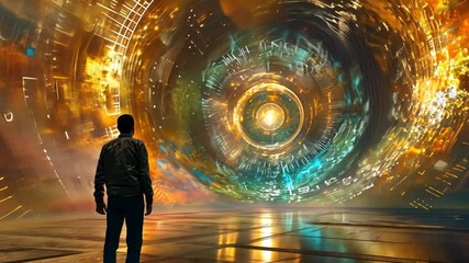 Poster - A lone figure gazes into a mesmerizing portal filled with vibrant colors and intricate patterns, evoking a sense of wonder and exploration in a mysterious environment.