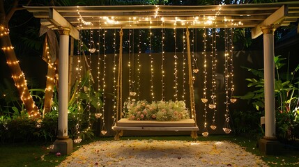 A charming outdoor setting with a decorated swing and fairy lights for a romantic celebration