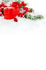 Wall Mural - christmas decoration. gift box, branch christmas tree, christmas balls and cones spruce on snow on w