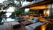 © Intach - A serene wooden terrace with sleek lounge furniture and expansive glass windows, blending luxury and modernity
