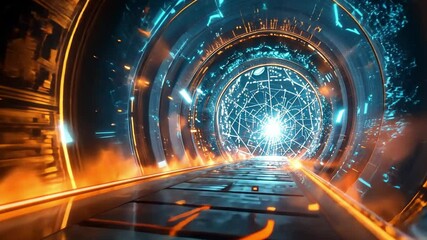 Fototapete - A mesmerizing digital portal radiates bright blue and orange lights, with intricate patterns swirling around it. The pathway ahead suggests travel through a futuristic dimension.