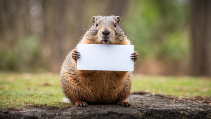 groundhog with blank sign: a curious groundhog sits on a rock in a grassy forest, holding a blank wh
