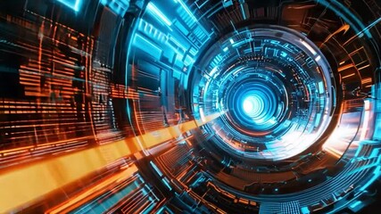 Leinwandbilder - A vibrant digital tunnel showcases swirling patterns of blue and orange lights, creating a sense of motion and depth.