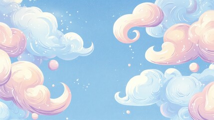 Wall Mural - Swirling pastel pink clouds glowing softly on dreamy blue comic backdrops