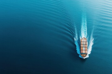 Wall Mural - A large container cargo ship traverses the vast, deep blue ocean. The vessel creates a noticeable wake as it moves smoothly through the water under clear skies, indicative of mid-day