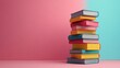 © FarhaStock - Colorful Stack of Books Against a Soft Pink and Blue Background Creating a Playful and Inviting Atmosphere for Learning and Imagination