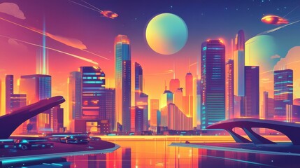 Wall Mural - Neon cityscape wallpaper glowing in retro colors and vibrant light backdrop