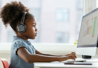 Wall Mural - focused young student wearing headphones using computer for online education in modern classroom