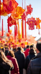 Wall Mural - A vibrant outdoor festival scene filled with traditional decorations and visitors dressed in festive clothing, celebrating the cultural significance of the Chinese New Year. Vertical footage