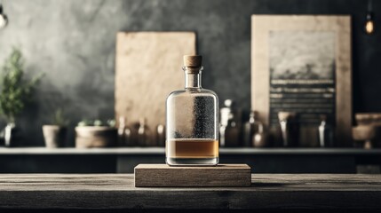 Sticker - A glass bottle partially filled with amber liquid on a wooden platform in a rustic kitchen setting with blurred background of kitchen items and plants.