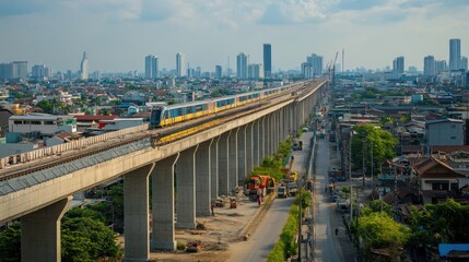 Poster - An expansive view of the high-speed railway construction site, with concrete pillars rising and machinery in motion for the Bangkok to Nakhon Ratchasima connection