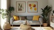 © John - A stylish living room with a gray sofa, yellow throw pillows, and natural woven accents. Sunlight streams in, illuminating the space.