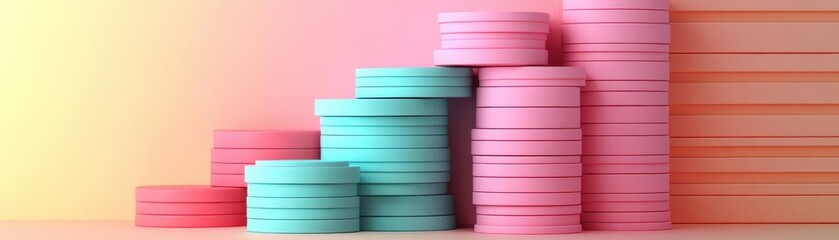 Wall Mural - a vibrant graphic of stacked coins in pink and teal, illustrating growth and investment trends again