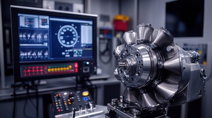 Wall Mural - A turbocharger rotor being balanced on a specialized machine, with gauges and digital monitors displaying calibration data. The scene emphasizes the importance of precision in rotor maintenance.