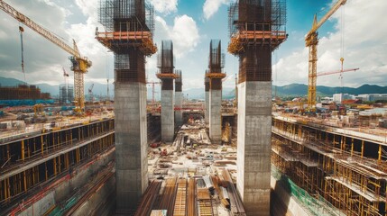 Poster - A vast construction site with concrete bridge pillars and cranes for the high-speed railway project connecting Bangkok and Nakhon Ratchasima, symbolizing the future of transport infrastructure