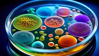 Wall Mural - colorful variety of microorganism inside petri dish plate in laboratory with super macro zoom backgr
