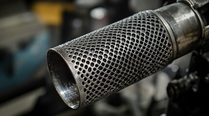 Wall Mural - Close-up of a catalytic converter removed from a vehicle, with ceramic-coated matrix exposed. The repair shop atmosphere and focus on the part reflect the importance of emissions repair.