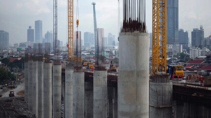 Poster - Close-up of concrete bridge pillars and cranes on the new high-speed railway construction site from Bangkok to Nakhon Ratchasima