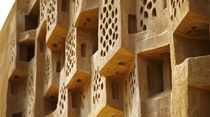 Wall Mural - close-up of diriyah mud-brick facades in riyadh, featuring textured walls and historic wooden accent