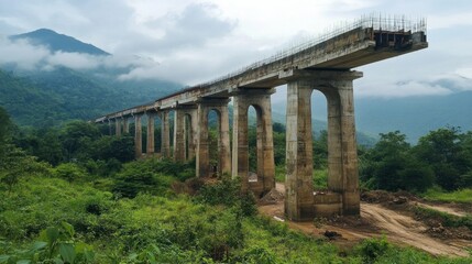 Canvas Print - Concrete bridge pillars rise on a construction site for the China high-speed railway. Heavy machinery and equipment support this massive project connecting Bangkok to Nakhon Ratchasima.