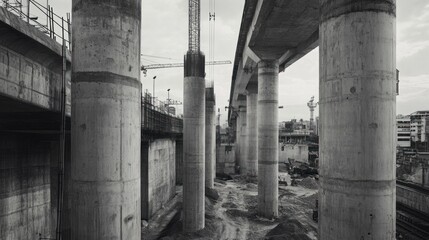 Poster - Concrete pillars stand tall on the high-speed railway construction site from Bangkok to Nakhon Ratchasima. Heavy machinery and cranes surround the site, capturing the progress of the railway industry.