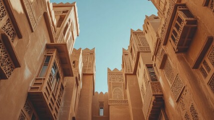 Wall Mural - diriyah historical mud-brick architecture in riyadh, framed against a clear sky. the photo captures 