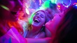 © Chaikit - A group of young friends at a lively party, laughing and dancing under colorful lights, capturing the carefree energy and excitement of youth and celebration.