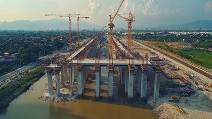 Poster - New construction site with bridge pillars and cranes for the China high-speed railway, spanning from Bangkok to Nakhon Ratchasima