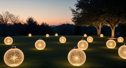Wall Mural - giant glowing christmas ornaments scattered on the lawn for dramatic decor