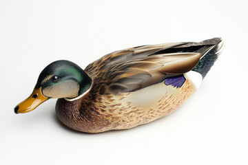 Wall Mural - Portrait of duck floating on water isolated on white background, Selective focus duckling on white.