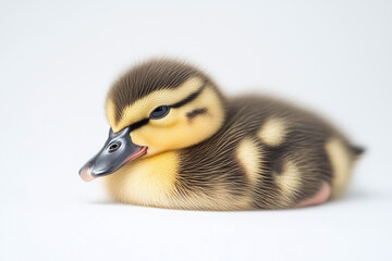 Wall Mural - Portrait of duck floating on water isolated on white background, Selective focus duckling on white.