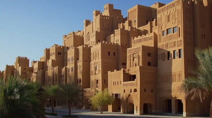 Wall Mural - sunlit mud-brick buildings in diriyah, riyadh, with earthy textures capturing the historical archite