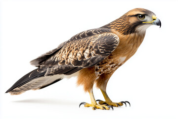 Wall Mural - Portrait of hawk isolated on white background, Selective focus baby eagle, Close up shot flying hawk with wing spreading.