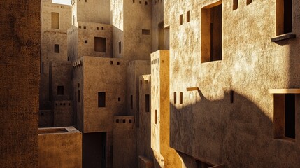 Wall Mural - sunlit mud-brick buildings in diriyah, riyadh, with earthy textures capturing the historical archite