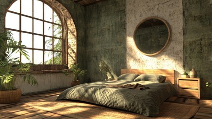 Wall Mural - Serene and Stylish Bedroom Interior with Natural Light, Rustic Textures, Green Color Palette, and Decorative Plants in a Cozy Atmosphere