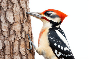 Wall Mural - Portrait of woodpecker bird on wooden tree trunk isolated on white background, Selective focus red head woodpecker bird on white.