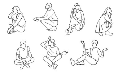 Vector silhouettes of a men and a women sitting, a group of business people, hand draw, linear sketch, black and white color on a white background