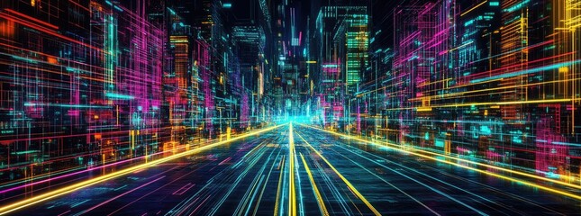 Wall Mural - neon cityscape digital highway futuristic architecture