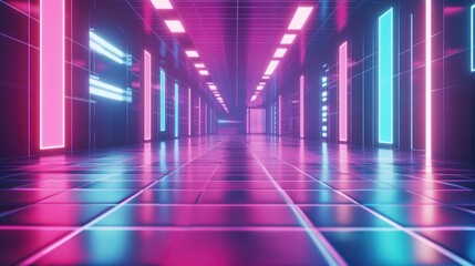 Wall Mural - neon lit corridor futuristic pink blue glow