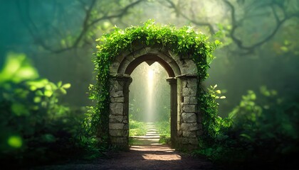 A breathtaking fantasy scene featuring a magical portal archway entwined with lush creepers, standing as the gateway to a mystical world illuminated by surreal, enchanting hues.