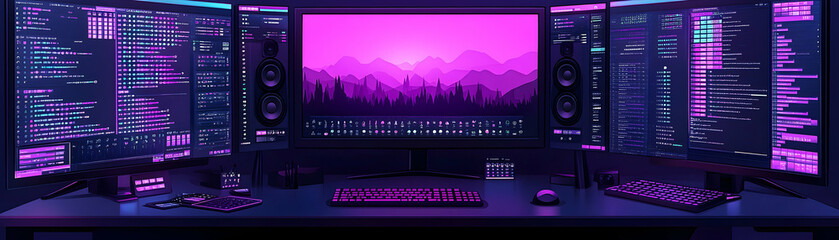 Multiple computer screens displaying code and a landscape image.