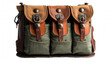 © Jeff - Vintage canvas bag, rugged leather trim, three front pockets, buckle closures, earthy tones, retro adventure style Isolated on white background or PNG