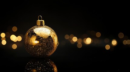 Golden Christmas Ornament Against Dark Background Lights