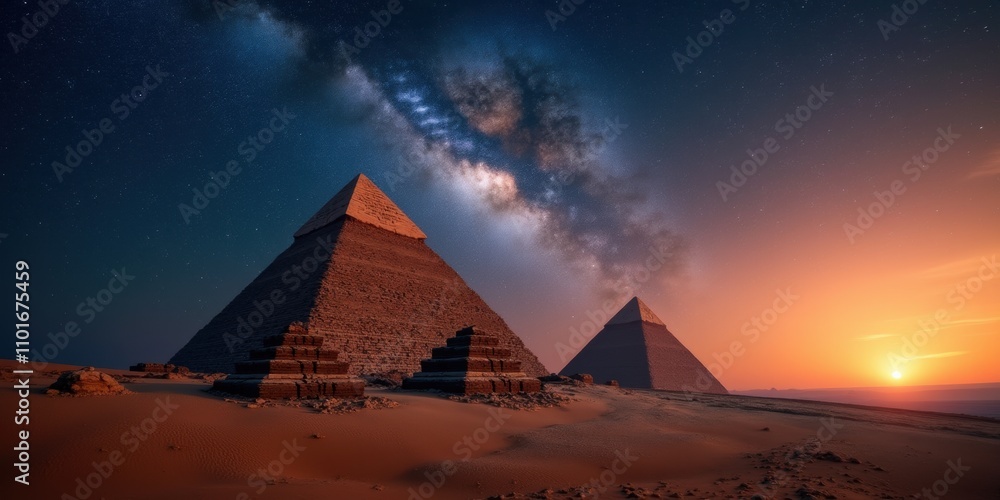 Stunning view of the ancient Egyptian pyramids under a starry sky ...