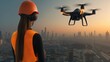 © Yuly - A man flying a drone over an urban construction site at sunset