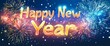 © JINGWEN - Vibrant New Year banner featuring fireworks explosion background with golden 'Happy New Year' text on a colorful night sky,perfect for web or print card, poster. Flat style vector art.