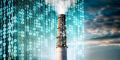 Wall Mural - factory chimney emitting binary code symbolizing digital transformation industrial innovation photo 