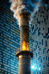 Wall Mural - abstract factory chimney emitting digital binary code smoke representing industrial innovation