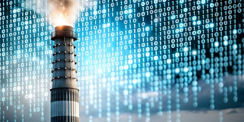 Wall Mural - factory chimney emitting binary code instead of smoke - digital transformation in industry